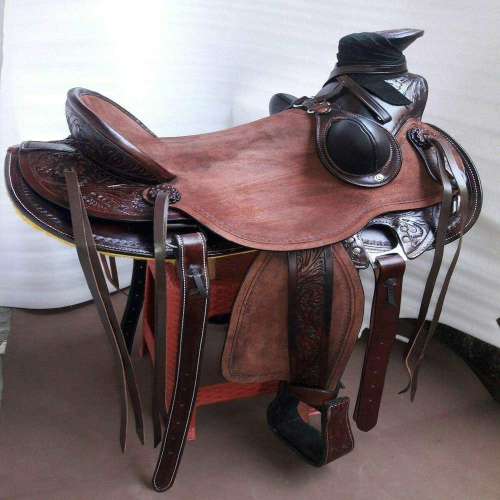 Leather Ride Tan Leather Western Fully Tooled Show Saddle with Silver Corner & Canchos