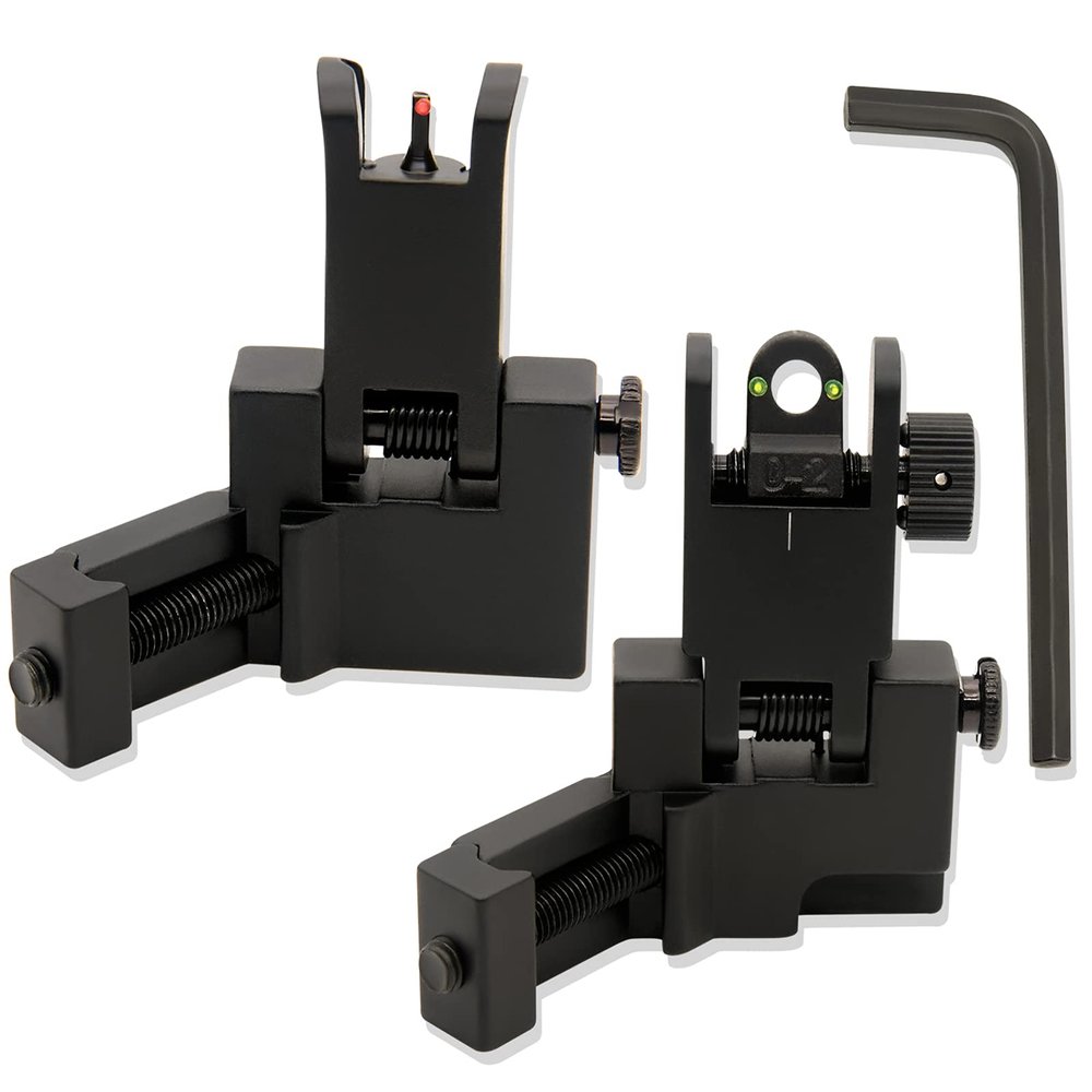 45 Degree Offset Flip Up Iron Sights, Rapid Transition Backup Fiber Optics Iron Sights Low Profile Front and Rear Sights with Red and Green Dots Compatible with Picatinny Weaver Rails