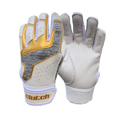 Clutch Sports Apparel Pro Series Cabretta Leather Batting Gloves, Padded & Stylish, Comfortable Grip & Finger Fit for Baseball & Softball Players, for Adults & Youth (White/Gold/Gray, X-Small)