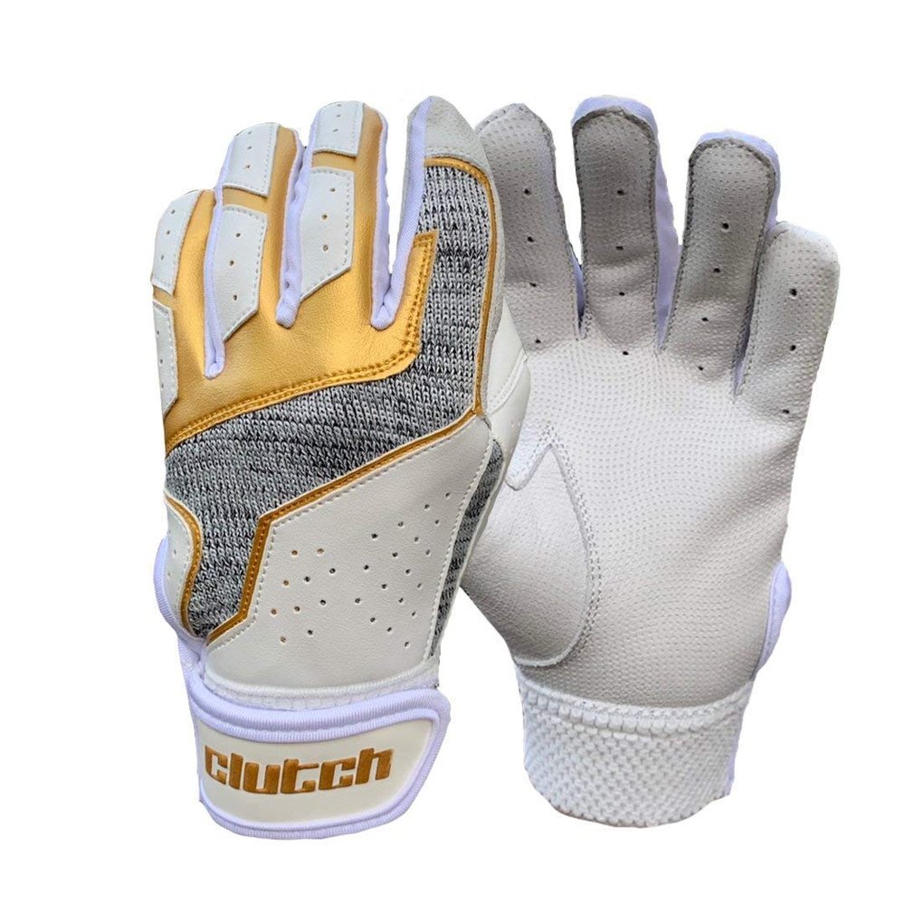 Clutch Sports Apparel Pro Series Cabretta Leather Batting Gloves, Padded & Stylish, Comfortable Grip & Finger Fit for Baseball & Softball Players, for Adults & Youth (White/Gold/Gray, X-Small)