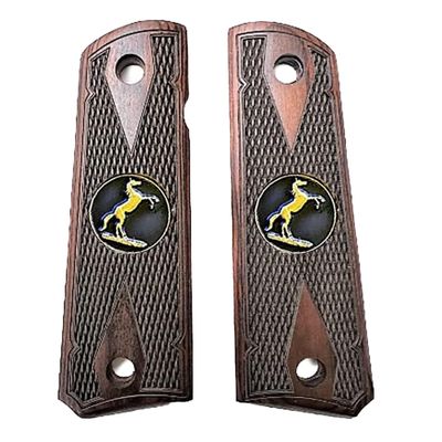 Compatible Replacement for 1911 Colt Full Size Double Diamond Checkered Rosewood w/Large Gold Trophy Medallions Over Black Background Bonus 4 Gold Screws
