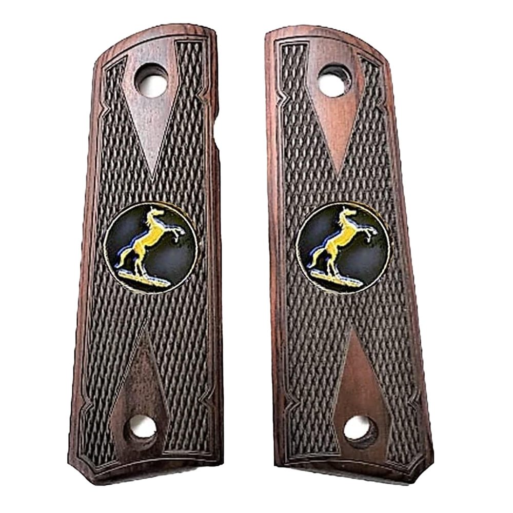 Compatible Replacement for 1911 Colt Full Size Double Diamond Checkered Rosewood w/Large Gold Trophy Medallions Over Black Background Bonus 4 Gold Screws