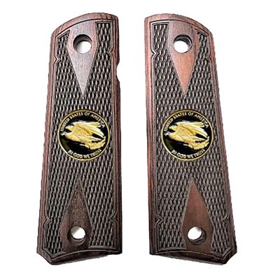 Compatible Replacement for 1911 Colt Full Size Double Diamond Checkered Rosewood w/Large Gold Eagle Medallions Over Black Background Bonus 4 Gold Screws