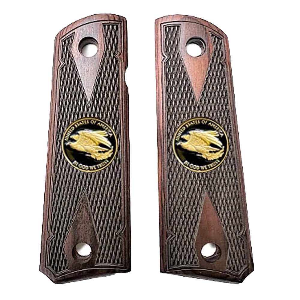 Compatible Replacement for 1911 Colt Full Size Double Diamond Checkered Rosewood w/Large Gold Eagle Medallions Over Black Background Bonus 4 Gold Screws
