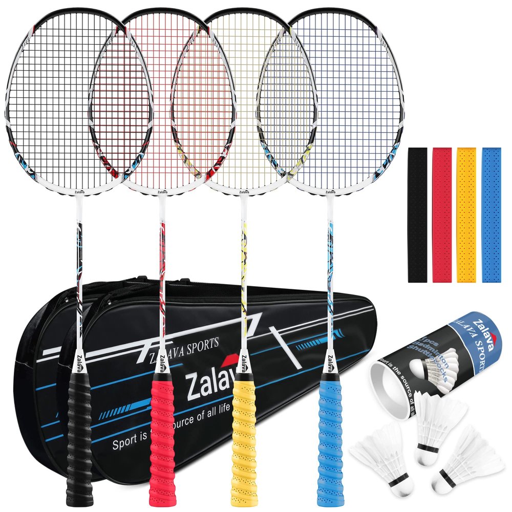 Professional Badminton Rackets Lightweight Badminton Racquets Set, Zalava Badminton Set 4 Pack,Carbon Fiber, 3 Shuttlecocks, 2 Protect Case, 4 Overgrip Included,for Beginners,Advanced Players