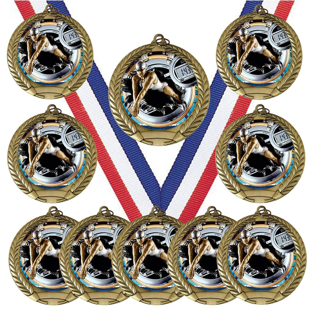 10 Pack of Girls Womens Swimming Gold Medals Trophy Award with Neck Ribbons FCL781