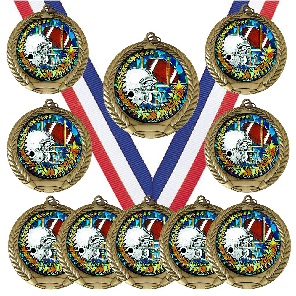10 Pack of Football Gold Medals Trophy Award with Neck Ribbons DM425