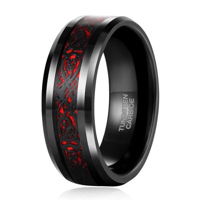 TRUMIUM 8mm Carbon Fiber Rings for Men Women Tungsten Carbide Red Celtic Dragon Promise Wedding Ring Comfort Fit Size 9