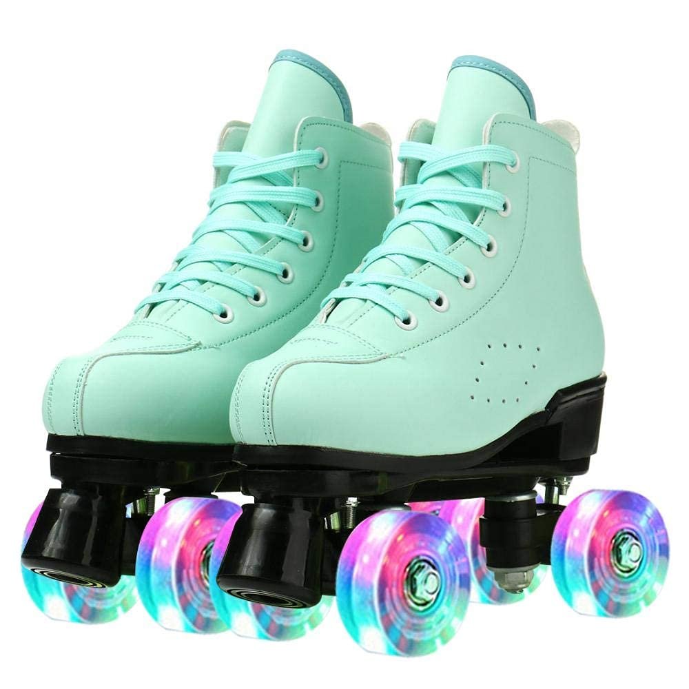 Risup Roller Skates for Women, Men - Cowhide High-Top Classic Double-Row Four-Wheel Skates (Green Flash, US 8)