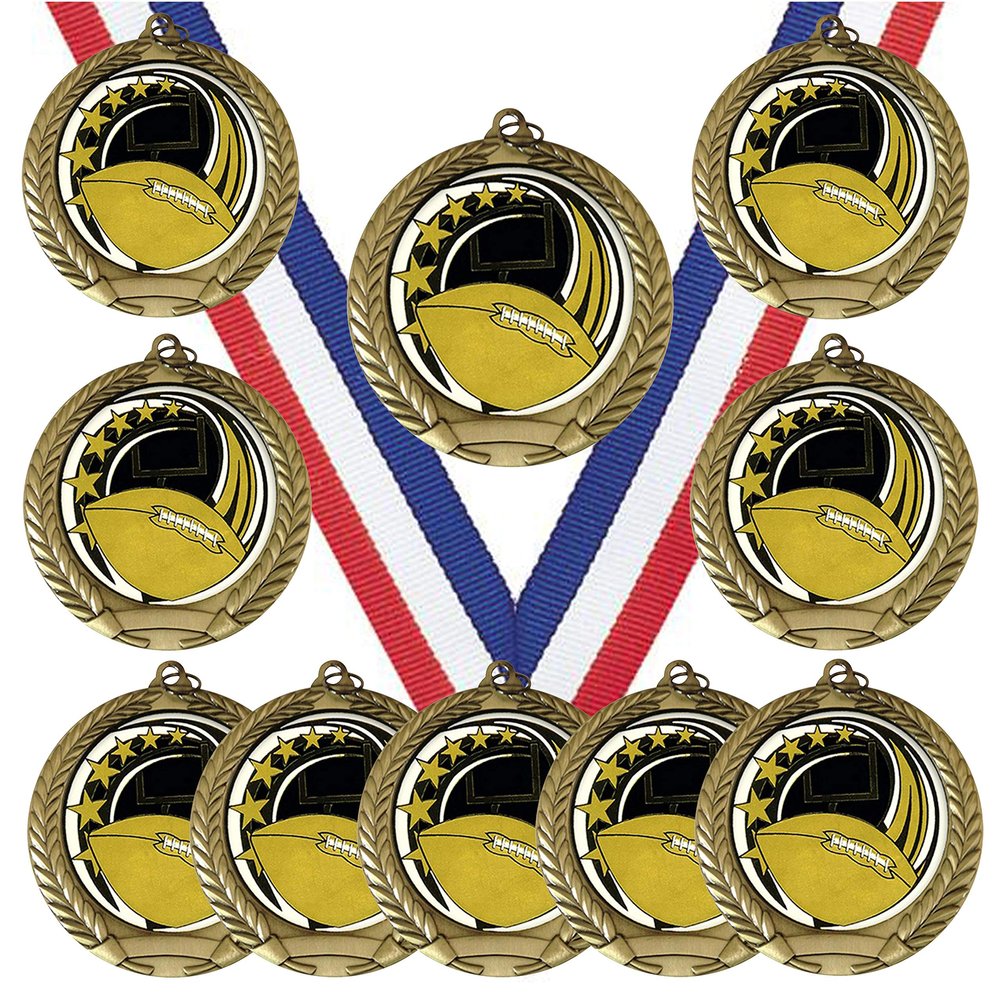 10 Pack of Football Gold Medals Trophy Award with Neck Ribbons ED625