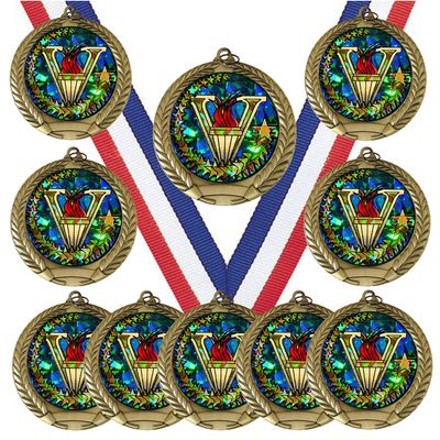 10 Pack of Victory Gold Medals Trophy Award with Neck Ribbons DM465