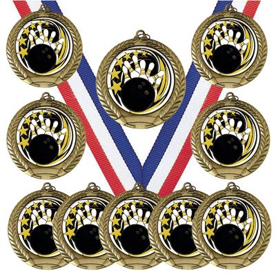10 Pack of Bowling Gold Medals Trophy Award with Neck Ribbons ED620