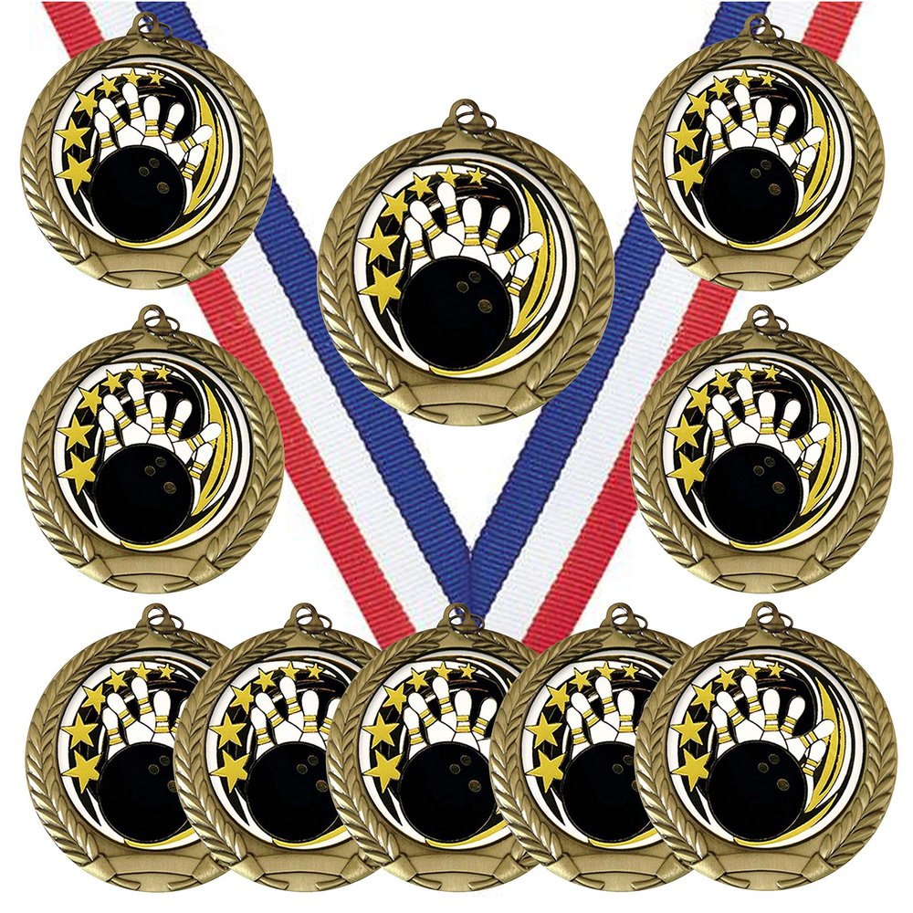 10 Pack of Bowling Gold Medals Trophy Award with Neck Ribbons ED620