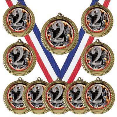 10 Pack of 2nd Place Gold Medals Trophy Award with Neck Ribbons FCL752