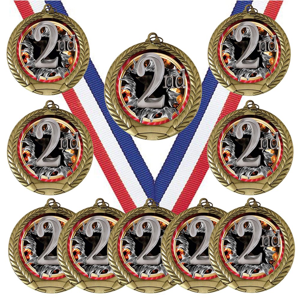 10 Pack of 2nd Place Gold Medals Trophy Award with Neck Ribbons FCL752