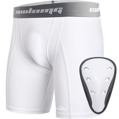 COOLOMG Youth Boys Cup Shorts Compression Shorts with Athletic Protective Groin Cup Underwear for Baseball Football MMA White XL