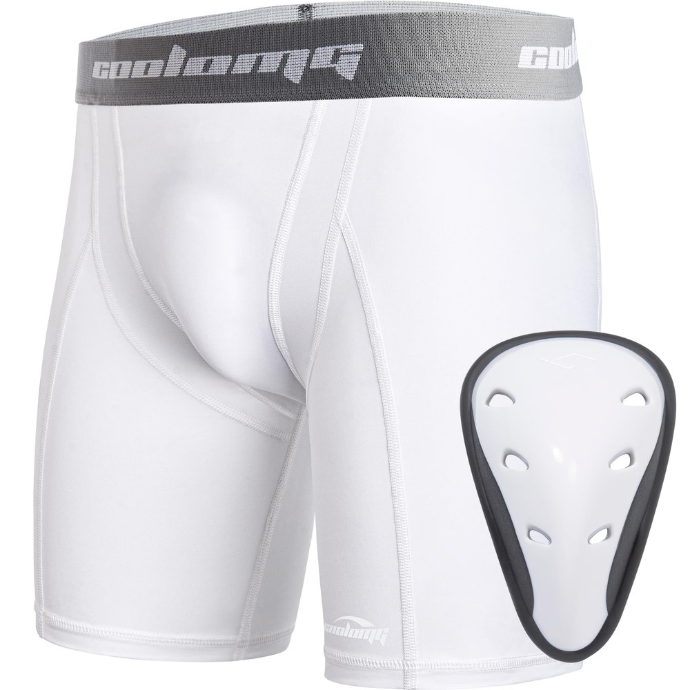 COOLOMG Youth Boys Cup Shorts Compression Shorts with Athletic Protective Groin Cup Underwear for Baseball Football MMA White XL