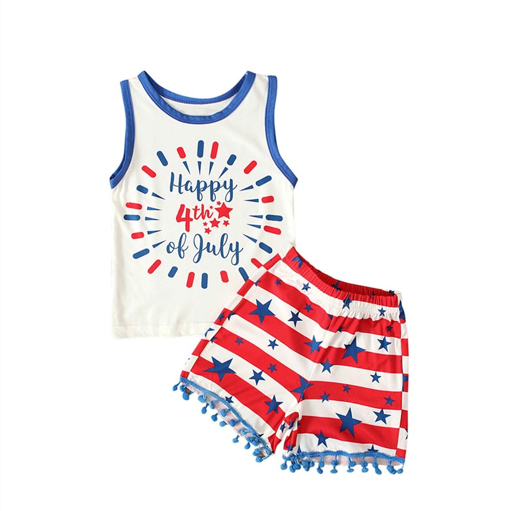 FYBITBO 4th of July Baby Girl Outfit Vintage Tank Top+US Stars Stripes Flag Shorts Fourth of July Clothes Set (2-3T,Happy 4th of july,)