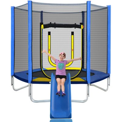 Merax 7ft Kids Trampoline with Slide,Enclosure Net and Ladder, Climb n Slide Small Toddler Trampoline Indoor Outdoor for Kids Blue