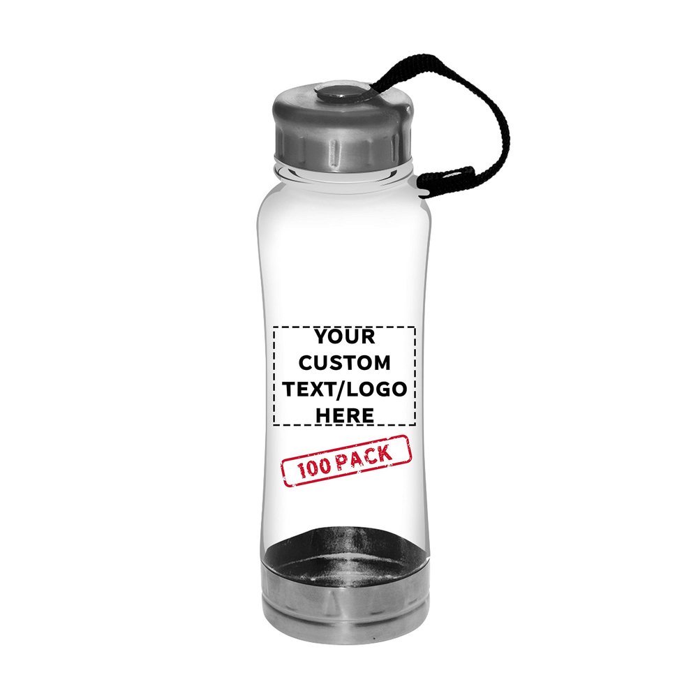 DISCOUNT PROMOS 100 Sports Bottles with Twist Lid Set, 23 oz. - Customizable Text, Logo - Metallic Base, BPA Free - Clear