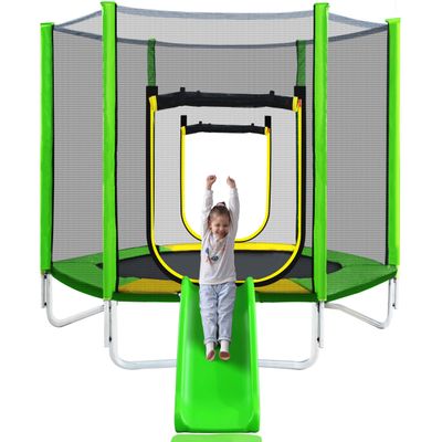 Merax 7ft Kids Trampoline with Slide,Enclosure Net and Ladder, Climb n Slide Small Toddler Trampoline Indoor Outdoor for Kids Green