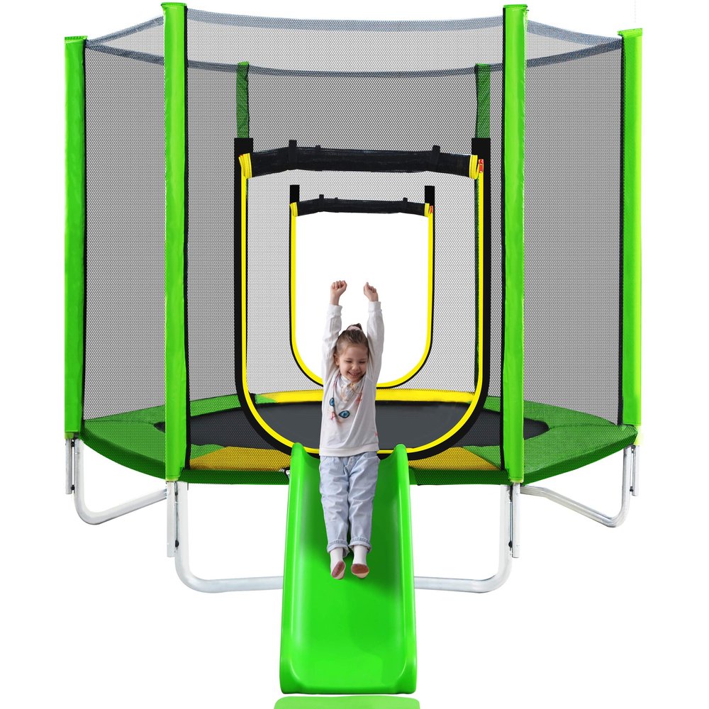 Merax 7ft Kids Trampoline with Slide,Enclosure Net and Ladder, Climb n Slide Small Toddler Trampoline Indoor Outdoor for Kids Green