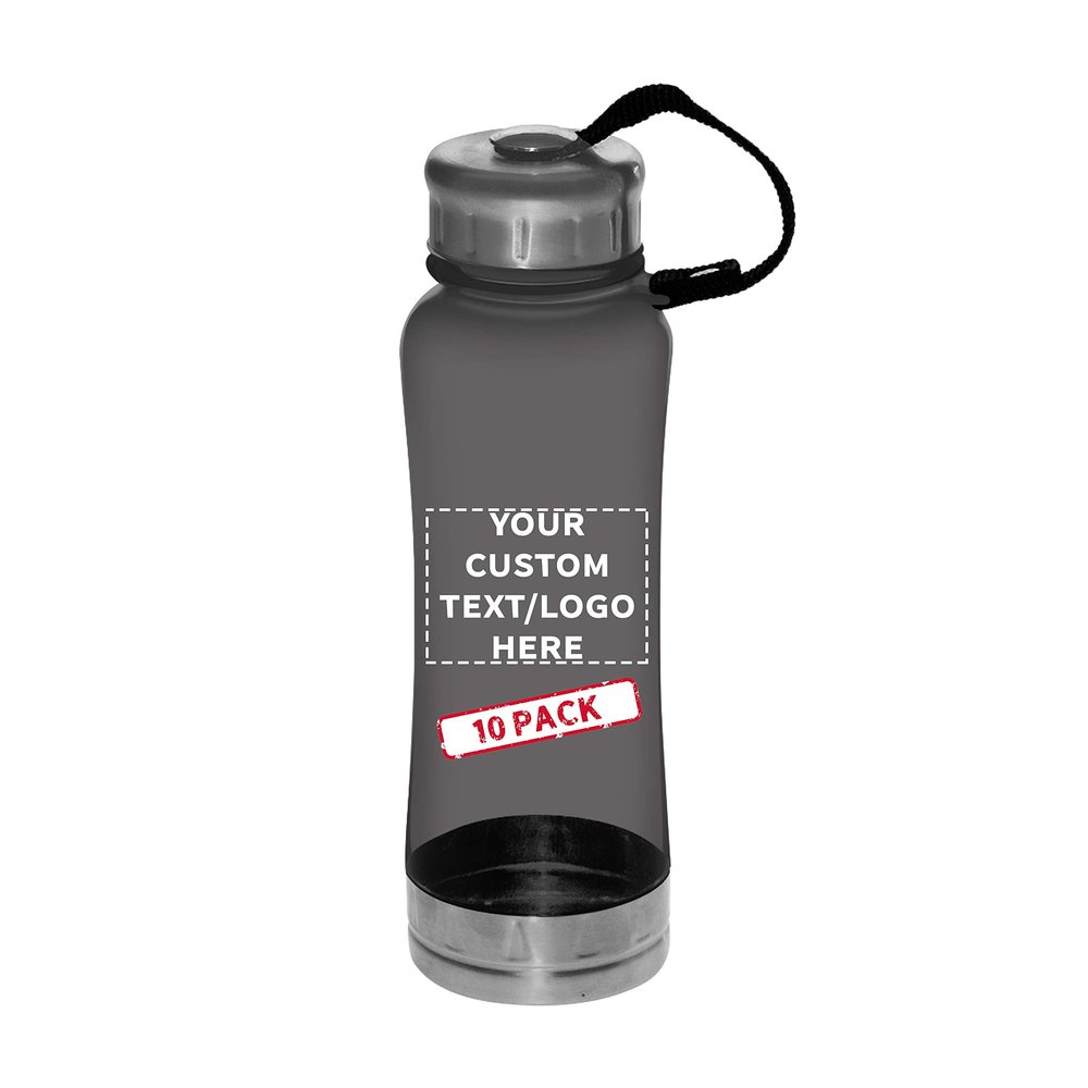 DISCOUNT PROMOS 10 Sports Bottles with Twist Lid Set, 23 oz. - Customizable Text, Logo - Metallic Base, BPA Free - Grey