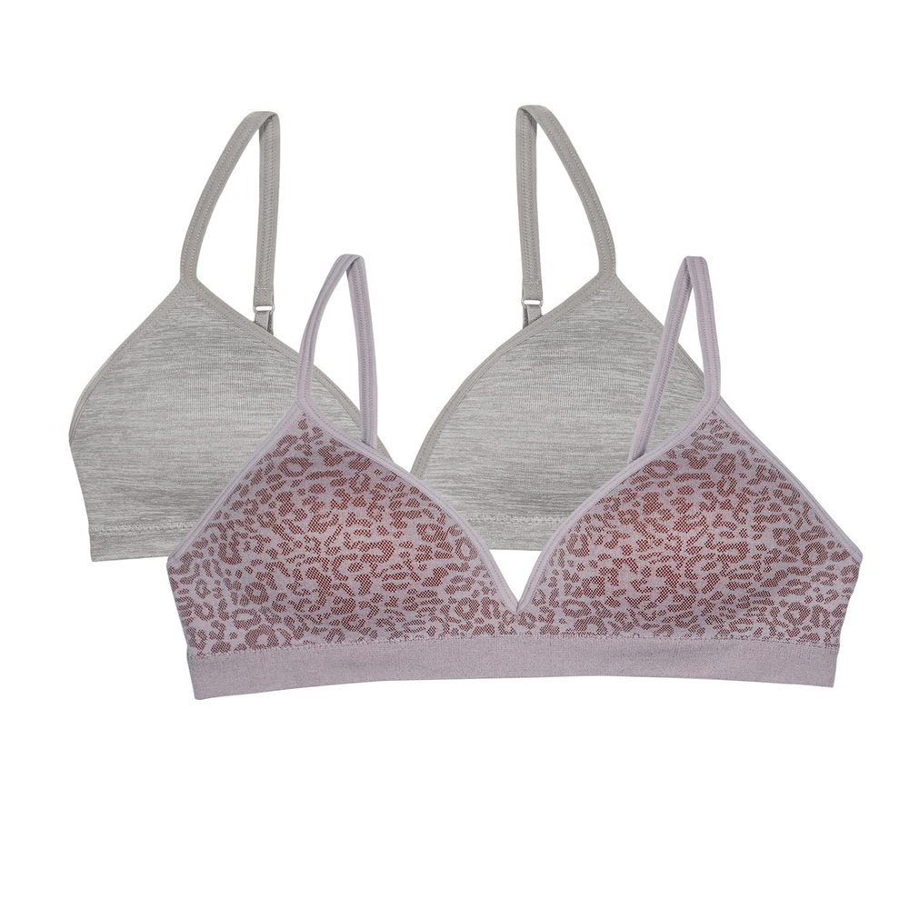 Fruit of The Loom Girls' Seamless Soft Cup Bra, 2-Pack, Multi Leo/Grey Heather, 28