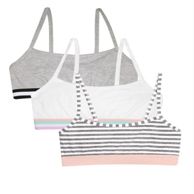 Fruit of The Loom Girls' 3 Pack Spaghetti Strap Sports Bra, Grey Stripe/Grey/White, 38