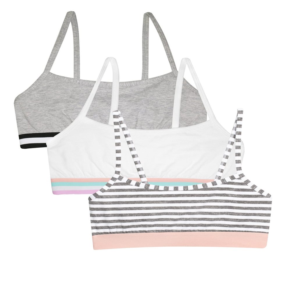Fruit of The Loom Girls' 3 Pack Spaghetti Strap Sports Bra, Grey Stripe/Grey/White, 38