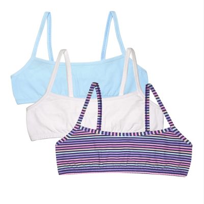 Fruit of The Loom Girls' 3 Pack Spaghetti Strap Sports Bra, Happy Stripe/White/Eyeshadow, 32