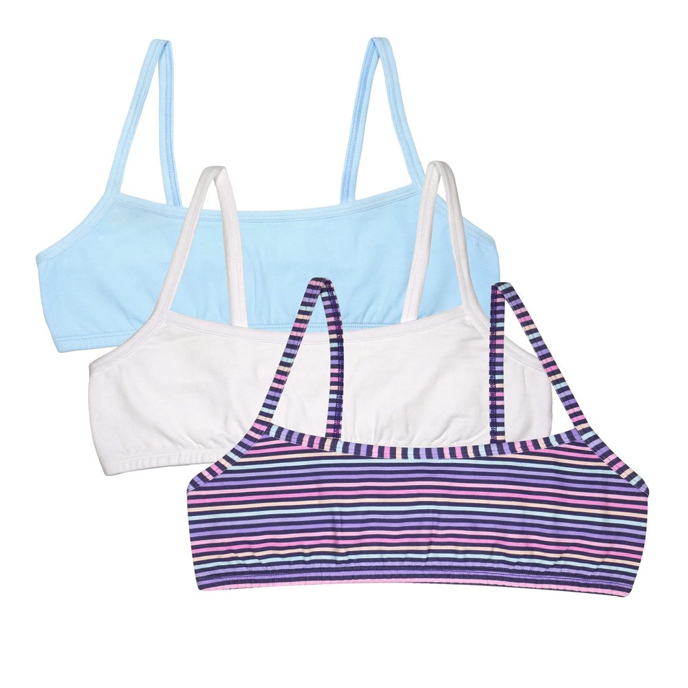 Fruit of The Loom Girls' 3 Pack Spaghetti Strap Sports Bra, Happy Stripe/White/Eyeshadow, 32