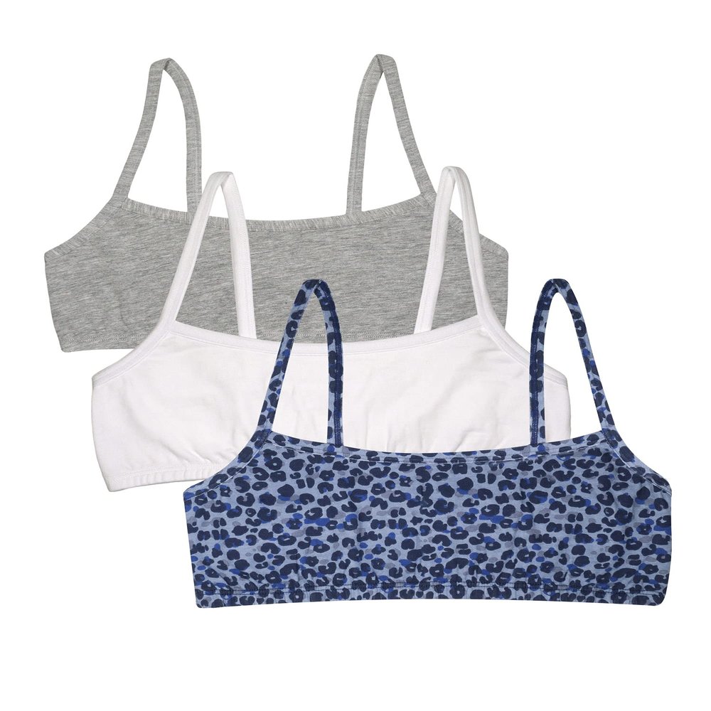 Fruit of The Loom Girls' 3 Pack Spaghetti Strap Sports Bra, Multi Leo/White/Grey Heather, 28