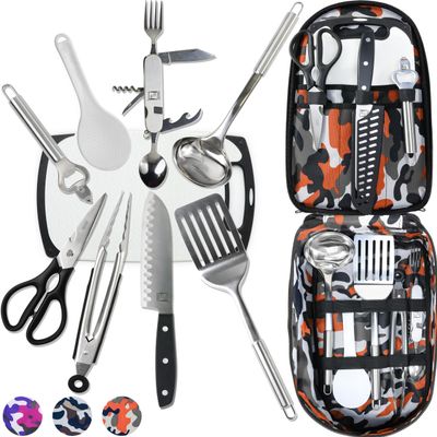 Wellmax 10-Piece Stainless Steel Camping Cooking Set Compact All-in-One Cookware Kit with Utensils & Travel Bag for Campers, Hikers, Outdoor Adventures, Orange Camo Color
