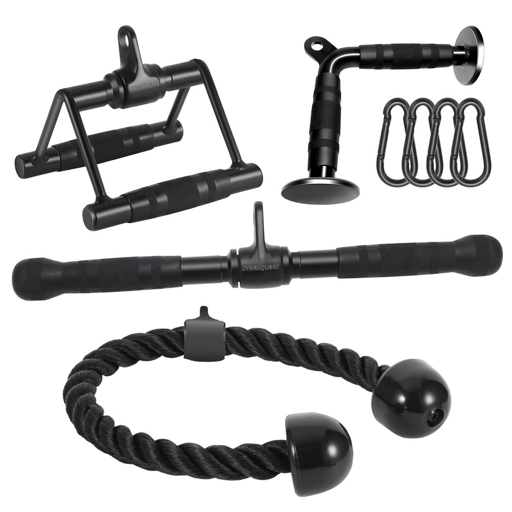 DYNASQUARE Cable Attachments for Home Gym, Made of Heavy Duty Solid Steel, LAT Pulldown Attachment, Weight Machine Accessories, Straight Pull Down Bar, Tricep Rope, Exercise & Double D Handle