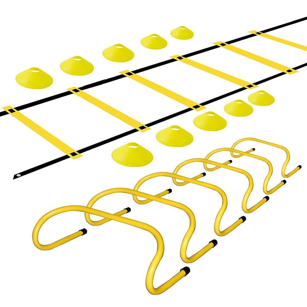 TNZMART Agility Ladder and Disc Cones Training Set Adjustable Rungs Training Ladder with 10 Plastic Sport Cones for Training (Yellow, 6 Hurdles)