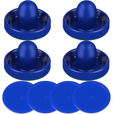 Air Hockey Pushers and Blue Air Hockey Pucks, Goal Handles Paddles Replacement Accessories for Game Tables (4 Striker, 4 Puck Pack) (Blue & Blue)