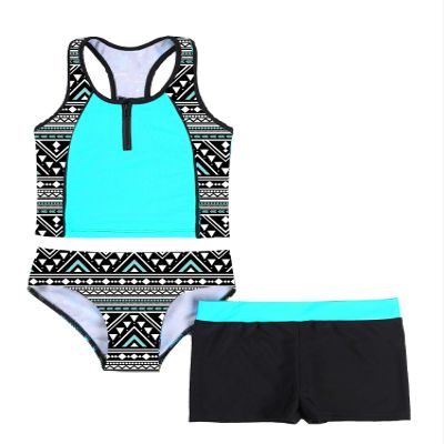 QinCiao Kids Girls Floral Print Crop Tops with Boyshort Bottoms 3 Pieces Tankini Set Swimsuit Bathing Suit Mint Green 16