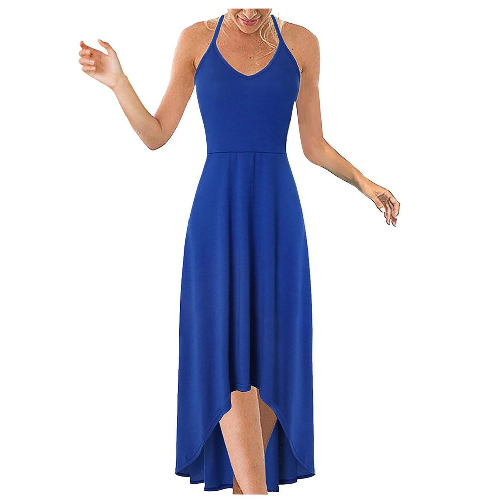 SERYU Women's Summer Sundresses V Neck Casual Sleeveless Asymmetrical Patchwork Floral Maxi Dresses B Blue