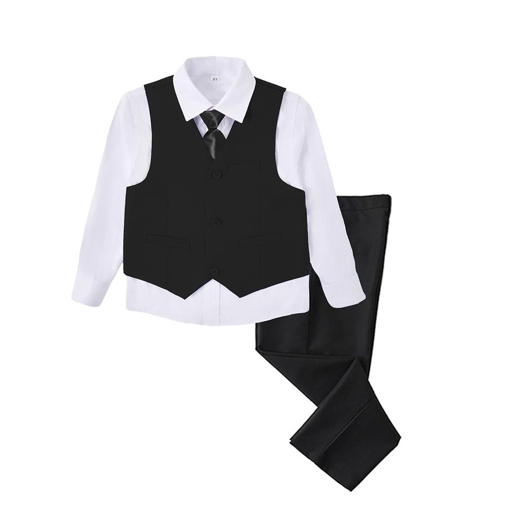 SaiLiiny Boys 4 Pieces Black Suits Slim Fit Outfits Vest Sets Formal Dresswear for Boy Suit with Tie Size 4T
