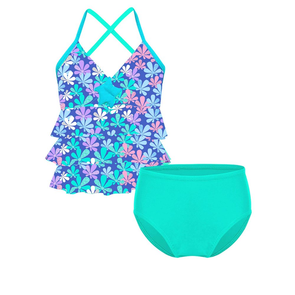 Kaerm Kids Girls Mermaid Scales Printed Tankini Bikini Swimsuit Ruffled Halter Crop Top Bottom Swimwear Green 3