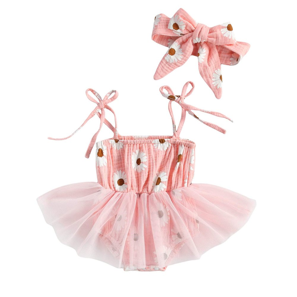 Newborn Baby Girl Summer Outfits Sleeveless Flower Daisy Romper Bodysuit Skirt Headband 2Pcs Jumpsuit Clothes Set (Z-Pink+Headband, 0-3 Months)