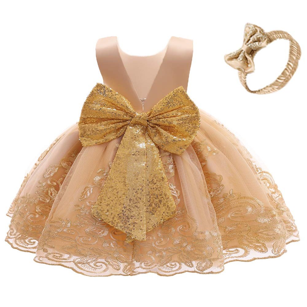 Flower Girl Dress 6 9 Month Sleeveless Clothing Lace Special Occasion Dress Ruffles Wedding Birthday Dresses Embroidery Tulle Tutu Ball Gowns for Infant Party Knee Sundresss Costumes (8557Gold, 70)