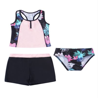 renvena Girls 3Pcs Sports Swimwear Flower Print Racerback Shirt Shorts Briefs Tankini Set Bathing Suit Black Floral 8
