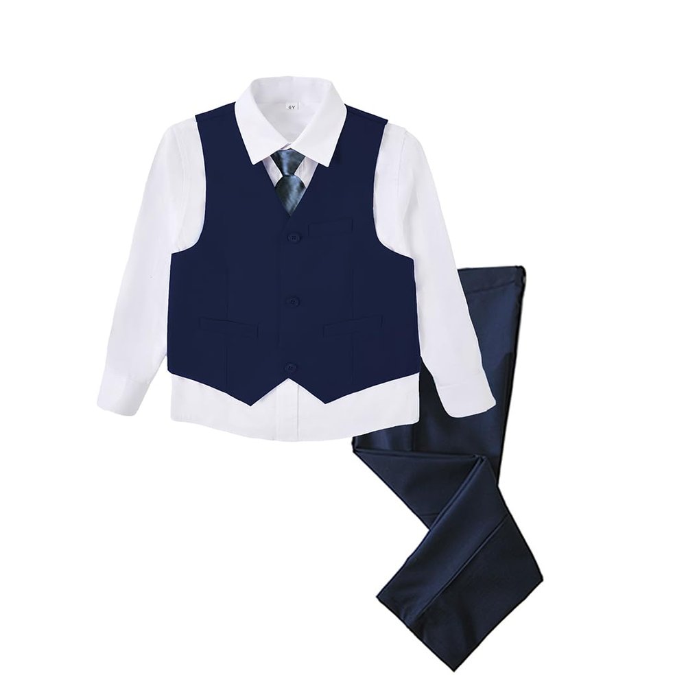 SaiLiiny Toddler Suits for Boys Wedding Suit Dress Shirt Navy Blue Vest and Pants Sets for Boy with Tie Size 4T