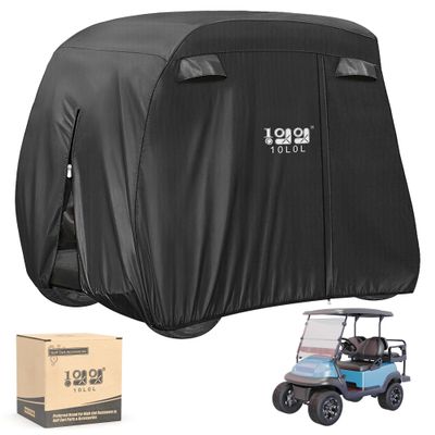 10L0L 4 Passenger Golf Cart Cover for Yamaha EZGO Club Car, 400D Polyester All-Weather Waterproof Golf Cart Storage Cover with Three Zipper Doors-Black