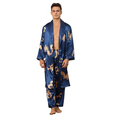 Haseil Men's Satin Robe with Pajama Pants Set Long Sleeve Silk Kimono Robe Soft Printed Bathrobe Lightweight Silky Sleepwear, Blue, Tagsize XL=Ussize M
