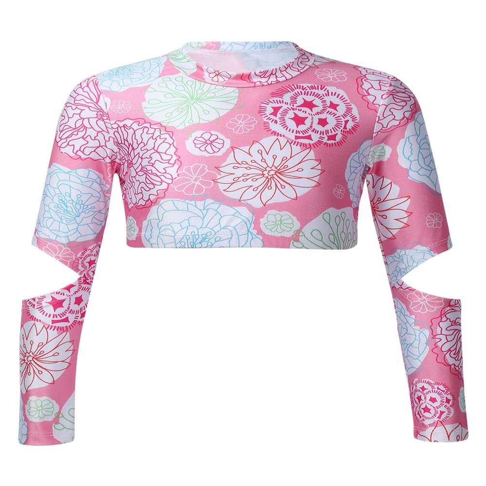 Hansber Kids Girls Floral Printed Crop Top Long Sleeve Compression Shirts Yoga Sport Tops Activewear Dancewear Pink 10