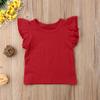 Qiylii Kids Baby Girl Plain Tee Shirts Ruffle Short Sleeve Basic Cotton T-Shirt Tops Blouse Clothes for Toddler (Wine Red, 1-2 Years) view 2