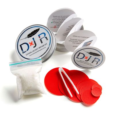 DJR KIT-in-A-TIN - Repair Patches and Goose Down Top-Up for Down Jackets and Sleeping Bags (Red)